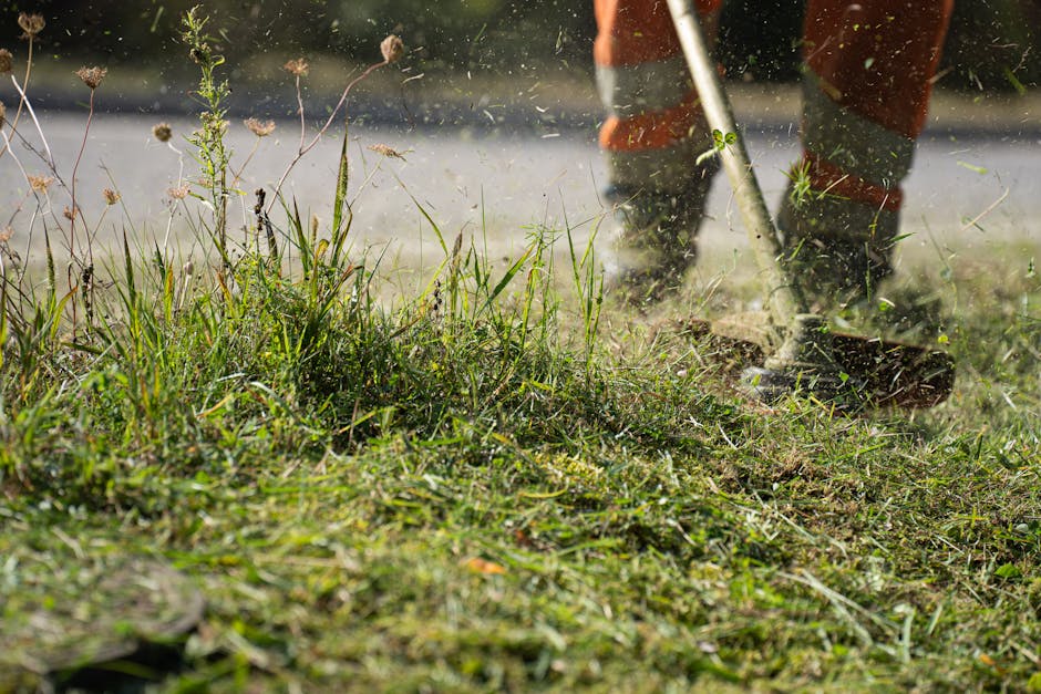 A worker in protective gear using a grass cutter to trim grass, capturing the dynamic action and flying clippings.